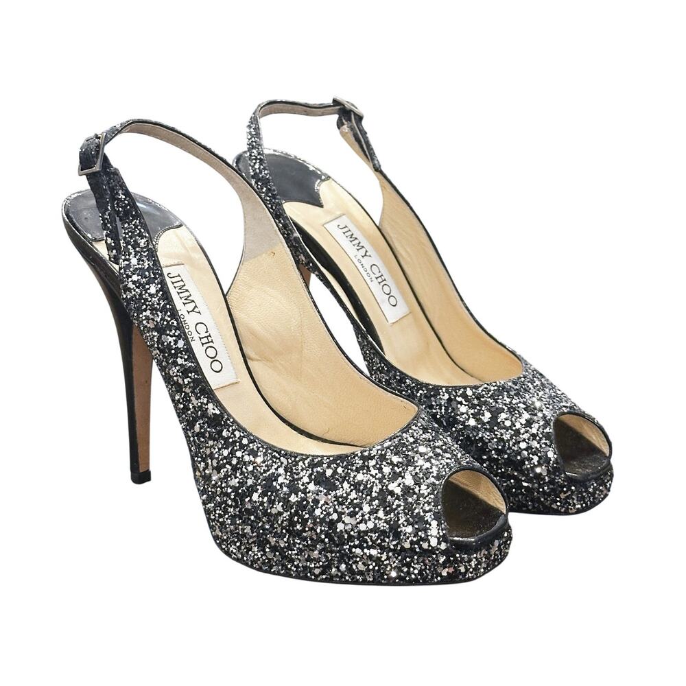 Jimmy Choo Clue Black Patent Silver Glitter Peep Toe Slingback Heels Pumps 37
